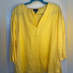 Chaps 100% Linen Floral Embroidered Crewneck Slit 3/4 sleeve Blouse xl